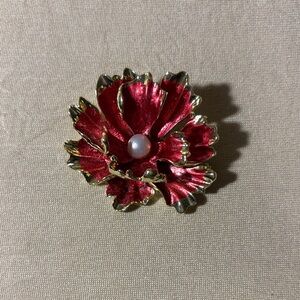 Elegant Red Floral Brooch with Pearl Accent